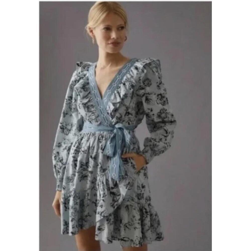Womens Anthropologie Blue Pattern Wrap Long Sleeve Dress Size Xxs $170